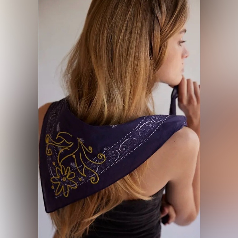 Free People Navy Blue Bandana Scarf with Yellow Embroidery NWOT